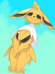  2023 anthro big_breasts biped black_eyes black_inner_ear breasts cleavage clothed clothing digital_media_(artwork) eeveelution female fur generation_1_pokemon green_background hi_res jolteon kame_3 looking_at_viewer multicolored_body multicolored_fur nintendo pokemon pokemon_(species) simple_background smile smiling_at_viewer solo spiral_eyes two_tone_body two_tone_fur white_body white_fur yellow_body yellow_fur 