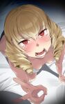  1girl angry bikini blonde_hair blush breasts drill_hair erika_wagner highres long_hair looking_at_viewer on_bed open_mouth red_eyes small_breasts solo swimsuit tears touniyuu twin_drills twintails under_night_in-birth under_night_in-birth_exe:late[st] v white_bikini 