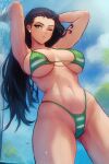  1girl arm_tattoo arms_up bikini black_hair blue_eyes breasts cosplay earrings forehead from_below green_bikini highleg highleg_bikini highres jewelry large_breasts lips long_hair nami_(one_piece) nami_(one_piece)_(cosplay) navel nico_robin one_eye_closed one_piece outdoors pearl_earrings solo stomach striped striped_bikini swimsuit tattoo thighs underboob vivian_opart water waterfall 