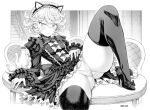  1girl animal_ears ass ass_visible_through_thighs black_dress blush bow bowtie breasts cup dress fake_animal_ears frilled_dress frills gothic_lolita lolita_fashion long_sleeves looking_at_viewer micro_panties mogudan monochrome one-punch_man panties partially_visible_vulva pussy pussy_peek short_hair small_breasts solo tatsumaki teacup teapot thick_thighs thighhighs thighs underwear 