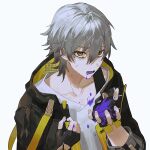  1boy black_gloves black_hair black_jacket blue_liquid caelus_(honkai:_star_rail) crying crying_with_eyes_open fingerless_gloves gloves grey_hair honkai:_star_rail honkai_(series) hood hood_down jacket long_sleeves male_focus multicolored_clothes multicolored_hair multicolored_jacket open_mouth rowya shirt short_hair solo tears trailblazer_(honkai:_star_rail) white_background white_shirt yellow_eyes yellow_jacket 