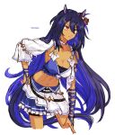  1girl animal_ears bandeau black_hair blue_bandeau breasts character_name cleavage closed_mouth commentary_request cowboy_shot dark-skinned_female dark_skin ear_scrunchie hair_between_eyes hair_ornament hairclip hand_on_own_hip highres hishi_amazon_(umamusume) horse_ears horse_girl horse_tail jagaimobeniko large_breasts long_hair pleated_skirt red_eyes simple_background single_sleeve skirt solo tail two-tone_bandeau umamusume white_background white_bandeau white_skirt 