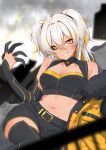  1girl absurdres ahoge black_sclera black_shorts black_sleeves black_thighhighs blonde_hair blurry blurry_background breasts claws cleavage coat colored_inner_hair colored_sclera commission crop_top detached_sleeves fur-trimmed_coat fur_trim hair_between_eyes highres indie_virtual_youtuber kaeveo_(vtuber) long_hair mismatched_sclera multicolored_hair navel shorts solo streaked_hair tan teeth thighhighs twintails valefal_coneri vgen_commission white_hair yellow_coat yellow_eyes 