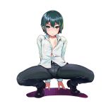  1girl androgynous arms_behind_back belt belt_buckle black_belt black_footwear black_pants blush boots breasts bright_pupils buckle button_gap cleavage collarbone commentary dress_shirt expressionless green_eyes green_hair hair_between_eyes hands_on_ground highres kino_(kino_no_tabi) kino_no_tabi leaning_back long_sleeves midriff_peek navel no_bra nose_blush pants plunging_neckline screentones shadow shirt short_hair simple_background small_breasts solo speed_j spread_legs squatting tiptoes tomboy very_short_hair white_background white_pupils white_shirt wide_spread_legs 