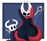  anthro arthropod black_body cape cloak clothing crossgender duo foreskin genitals hands_behind_head hi_res hollow_knight horn hornet_(hollow_knight) male penis poraka7 team_cherry the_knight_(hollow_knight) thick_thighs 