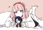  1girl alcryst_(fire_emblem) barefoot bed doll dolly_deer fire_emblem fire_emblem_engage hair_ornament hair_ribbon hairband hairclip lapis_(fire_emblem) long_sleeves on_bed pink_eyes pink_hair ribbon short_hair solo_focus stuffed_toy white_ribbon 