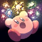  black_background blue_gemstone colorful gem green_gemstone highres kirby kirby_(series) light miclot open_mouth pink_gemstone purple_gemstone red_footwear red_gemstone shoes sitting sparkle sparkling_eyes star_(symbol) yellow_gemstone 