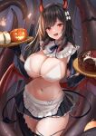  1girl azur_lane bikini black_hair bow breasts cake chocolate_cake demon_horns demon_tail dessert fang food hair_bow halloween highres holding holding_tray horns large_breasts long_hair looking_at_viewer maid maid_bikini manda_(manda9n) miniskirt navel pumpkin raised_eyebrows red_eyes royal_fortune_(azur_lane) skirt solo stomach swimsuit tail tentacle_hair thighs tray unconventional_maid very_long_hair white_bikini white_bow 