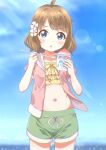  1girl ahoge bikini blue_eyes blue_sky blurry blurry_background blush brown_hair chestnut_mouth child commentary cowboy_shot cup day dolphin_shorts flat_chest flower food frilled_bikini_top green_shorts hair_flower hair_ornament highres holding holding_cup holding_spoon hood hooded_jacket idolmaster idolmaster_million_live! jacket looking_at_viewer medium_hair navel open_clothes open_jacket outdoors pink_jacket shaved_ice short_sleeves shorts sidelocks sky solo spoon stomach sunlight suou_momoko swimsuit toma_(shinozaki) v-shaped_eyebrows wavy_hair yellow_bikini 