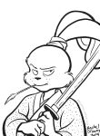  2019 4_fingers anthro black_and_white clothed clothing eyebrows fingers fur hi_res holding_object holding_sword holding_weapon katana lagomorph leporid looking_at_viewer male mammal melee_weapon miyamoto_usagi monochrome rabbit rachel_ordway raised_eyebrow simple_background straw_in_mouth sword text url usagi_yojimbo weapon white_background 
