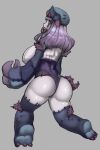  animal_humanoid animal_limbs animate_inanimate beret big_breasts big_butt blue_beret blue_body blue_fur blue_horn bogey_(mge) bottomwear breasts butt clothed clothing enzea facial_markings female fur grey_background hair hat head_markings headgear headwear hi_res horn horned_humanoid huge_breasts huge_butt humanoid kneeling living_plushie looking_at_viewer looking_back looking_back_at_viewer markings monster_girl_(genre) monster_girl_encyclopedia open_mouth pale_skin plushie purple_bottomwear purple_clothing purple_hair rear_view red_eyes seam_(sewing) simple_background solo stitch_(sewing) thick_thighs topwear white_clothing white_topwear wide_hips 