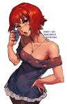  1girl :o absurdres artist_name bare_shoulders barley_juice breasts cleavage collarbone commission dress freckles hand_on_own_hip highres jewelry kim_pine necklace red_hair scott_pilgrim short_hair simple_background solo standing talking_on_phone white_background 