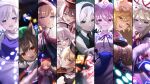  6+girls alice_margatroid blonde_hair blue_eyes brown_eyes brown_hair chen closed_mouth danmaku grey_hair hair_between_eyes hourai_doll konpaku_youmu letty_whiterock light_purple_hair long_hair lunasa_prismriver lyrica_prismriver merlin_prismriver multiple_girls open_mouth perfect_cherry_blossom pink_hair purple_eyes red_eyes rokuya_(68_zusao) saigyouji_yuyuko short_hair smile touhou white_hair yakumo_ran yakumo_yukari yellow_eyes 