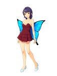 1girl bare_shoulders breasts butterfly_wings cleavage commentary_request contrapposto dress english_commentary full_body high_heels highres mixed-language_commentary orange_eyes original purple_hair red_dress shin_(shincrz) short_dress sleeveless sleeveless_dress small_breasts solo wings 