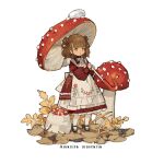  1girl :o apron blush bow bowtie braid brown_eyes brown_footwear brown_hair buttons dress flower holding holding_umbrella long_sleeves looking_ahead mushroom mushroom_umbrella open_mouth original plant puffy_long_sleeves puffy_sleeves red_dress red_flower scientific_name shoes short_hair starshadowmagician umbrella water_drop white_apron white_background white_bow white_bowtie 