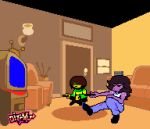  2023 ambiguous_gender animated anthro controller deltarune digital_media_(artwork) dinosaur ditchu duo female hi_res human kris_(deltarune) living_room mammal neon_genesis_evangelion parody pixel_(artwork) pixel_animation remote_control reptile scalie sitting sitting_on_ground susie_(deltarune) television undertale_(series) 