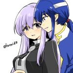  1boy 1girl alternate_costume blue_hair brother_and_sister circlet fire_emblem fire_emblem:_genealogy_of_the_holy_war headband julia_(fire_emblem) long_hair looking_at_another looking_to_the_side open_mouth ponytail purple_eyes purple_hair seliph_(fire_emblem) siblings simple_background white_headband yukia_(firstaid0) 