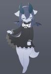  3_toes 4_fingers anthro bangs black_clothing black_dress blue_body blue_hair blue_skin bow_ribbon clothing dragon dress exposed_legs eyebrows eyes_closed feet female fingers flat_chested hair hi_res horn liteee pulling_clothing smile solo tail thick_tail toes white_eyebrows wings 