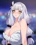  1girl acaa bare_shoulders blurry blurry_background blush breasts cleavage collarbone crying crying_with_eyes_open frown girls&#039;_frontline green_eyes hair_ornament hair_scrunchie hk416_(girls&#039;_frontline) hk416_(starry_cocoon)_(girls&#039;_frontline) large_breasts long_hair looking_at_viewer official_alternate_costume scrunchie solo tears upper_body 