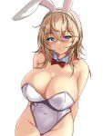  1girl alternate_costume animal_ears bare_legs bare_shoulders blonde_hair blue_eyes blush breasts collarbone covered_navel cowboy_shot detached_collar fake_animal_ears hair_between_eyes hair_ornament hairclip highres kantai_collection large_breasts leotard looking_at_viewer medium_hair montemasa playboy_bunny rabbit_ears simple_background smile solo strapless strapless_leotard tuscaloosa_(kancolle) white_background white_leotard wrist_cuffs 