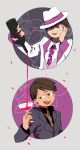  2boys alcohol atsushi_(osomatsu-san) bottle cup drinking_glass formal hand_on_own_cheek hand_on_own_face looking_back male_focus matsuno_todomatsu multiple_boys newo_(shinra-p) osomatsu-san pouring shaded_face smile suit wine wine_bottle wine_glass 