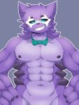  2023 absurd_res anthro blue_eyes bow_collar canid fur generation_7_pokemon hi_res looking_at_viewer lycanroc male mammal muscular muscular_male neck_bow nightmareroa nintendo pokemon pokemon_(species) purple_body purple_fur smile smiling_at_viewer smirk smirking_at_viewer solo v-cut 