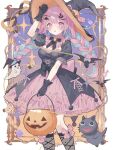  1girl black_gloves blue_hair bow braid breasts cat dress food ghost gloves hair_ornament halloween hat highres long_hair looking_at_viewer minato_aqua multicolored_hair pink_hair puffy_short_sleeves puffy_sleeves short_sleeves twin_braids virtual_youtuber witch_hat yuzuriha_(nx_e78) 