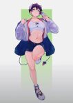  1girl absurdres breasts cellphone cleavage demon_girl demon_horns demon_tail earrings full_body green_eyes highres horns jacket jewelry looking_at_viewer midriff navel original phone purple_hair r-man shoes short_hair shorts slit_pupils smartphone smile sneakers solo tail 