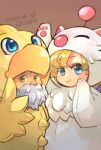  1boy 1girl beard blonde_hair blue_eyes chocobo closed_mouth cosplay dated eggru facial_hair final_fantasy final_fantasy_vi grandfather_and_granddaughter looking_at_viewer moogle relm_arrowny simple_background smile strago_magus 