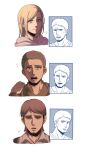  ! 1girl 3boys absurdres annie_leonhardt blonde_hair blue_eyes brown_eyes brown_hair commentary connie_springer facial_hair flying_sweatdrops frown goatee hand_on_another&#039;s_shoulder highres hood hoodie jean_kirchstein multiple_boys open_mouth partially_colored reiner_braun shingeki_no_kyojin smile symbol-only_commentary yanglao_paopaoren 