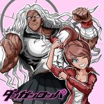  2girls asahina_aoi bandaged_arm bandages black_sailor_collar black_skirt breasts brown_hair collarbone cowboy_shot danganronpa:_trigger_happy_havoc danganronpa_(series) dark-skinned_female dark_skin frown grin hair_ornament hairclip highres jacket kitaichi large_breasts long_hair long_sleeves miniskirt multiple_girls muscular muscular_female neckerchief ogami_sakura open_clothes open_jacket parted_bangs pink_background pleated_skirt red_jacket red_neckerchief sailor_collar scar scar_on_arm scar_on_face school_uniform shirt skirt smile teeth torn_clothes torn_shirt translation_request white_hair white_shirt 