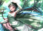  1girl ahoge alternate_costume arm_up armpits asymmetrical_wings black_hair blue_wings blush breasts commentary_request cowboy_shot day dress forest highres houjuu_nue looking_at_viewer medium_bangs medium_breasts nature open_mouth outdoors pointy_ears red_eyes red_wings short_hair single_strap smile solo toga touhou white_dress wings wristband yakkyokuya 