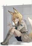  1girl ahoge animal_ear_fluff animal_ears artist_name belt black_shorts blonde_hair boots braid brown_eyes closed_mouth commentary_request fox_ears fox_girl fox_shadow_puppet fox_tail full_body grey_footwear grey_jacket highres jacket knee_boots knees_up long_hair long_sleeves looking_at_viewer nail_polish nito_(nshtntr) orange_nails original shorts sitting smile solo tail twin_braids 