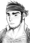  1boy bara beard beard_stubble chest_hair chest_hair_peek facial_hair golden_kamuy graphite_(medium) hairy half-closed_eyes headband highres large_pectorals light_frown long_sideburns male_focus mature_male muscular muscular_male official_alternate_costume overload_(nuhoangxitray) partially_unbuttoned pectoral_cleavage pectorals portrait short_hair sideburns solo tanigaki_genjirou thick_eyebrows traditional_media 