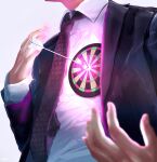  1boy arrow_(projectile) black_jacket blurry blurry_foreground collared_shirt commentary_request dartboard head_out_of_frame heart heart_print highres jacket long_sleeves male_focus necktie original print_necktie shirt simple_background solo utsusemi_rari white_shirt 