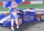  1girl :d adapted_costume ahoge blue_eyes blue_shirt blue_skirt breasts car commentary_request crop_top grass hensheru high_heels holding holding_umbrella large_breasts letty_whiterock long_sleeves looking_at_viewer motor_vehicle navel open_mouth outdoors purple_hair race_queen race_vehicle racecar shirt short_hair signature skirt smile socks solo touhou umbrella white_socks 
