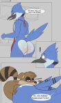  5_fingers absurd_res anal anthro apron apron_only avian backsack balls bedroom_eyes bird black_body black_feathers blue_body blue_feathers blue_jay blush brown_body brown_fur butt cartoon_network clothing corvid derickk76 dialogue duo english_text exclamation_point feathers fingers fur genitals half-closed_eyes hi_res imminent_sex jay_(bird) male male/male mammal markings mordecai_(regular_show) mostly_nude narrowed_eyes new_world_jay open_mouth oral oscine passerine procyonid raccoon regular_show rigby_(regular_show) rimming seductive sex sound_effects striped_markings striped_tail stripes surprise tail tail_markings text url 