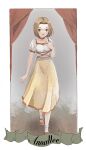  1girl annallee_(suikoden) breasts brown_hair choker collarbone dress full_body gensou_suikoden gensou_suikoden_ii green_eyes highres korunosabu long_skirt looking_at_viewer open_mouth short_hair short_sleeves skirt smile solo standing 