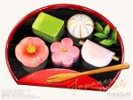  artist_name english_text flower food food_focus hanabira_mochi haruna_macpro mint mochi namagashi no_humans original plate simple_background wagashi 