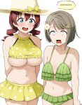  2girls arms_behind_back barkhorn0331 bikini blue_eyes blush breasts brown_hair commentary_request cosplay costume_switch drill_hair emma_verde flower freckles frilled_bikini frills green_bikini hair_flower hair_ornament hat highres large_breasts looking_at_another love_live! love_live!_nijigasaki_high_school_idol_club multiple_girls nakasu_kasumi navel open_mouth polka_dot polka_dot_bikini red_hair short_hair simple_background small_breasts stomach swimsuit twin_drills underboob white_background white_headwear yellow_bikini 