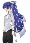 1girl alternate_costume alternate_hairstyle arm_at_side black_pants blue_eyes blue_hair bra bra_visible_through_clothes breast_pocket breasts buttons closed_mouth coelacanth_(kemono_friends) dark_blue_hair earrings eyelashes fins fish_tail from_side head_fins high_ponytail jewelry kemono_friends kemono_friends_3 kishida_shiki long_hair medium_breasts multicolored_hair pants pocket see-through see-through_shirt shirt simple_background smile solo tail taut_clothes taut_shirt underwear very_long_hair watch white_background white_shirt wristwatch 