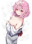  1girl bath_yukata breasts cleavage closed_mouth efe hair_between_eyes highres japanese_clothes kimono large_breasts long_sleeves mole mole_on_breast pink_eyes pink_hair saigyouji_yuyuko short_hair smile solo touhou triangular_headpiece upper_body white_kimono wide_sleeves yukata 