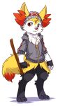  anthro black_hair blonde_hair braixen clothing fur generation_6_pokemon hair male multicolored_body naoren nintendo pokemon pokemon_(species) red_eyes red_hair solo standing 