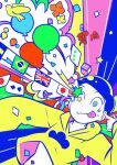  1boy balloon bird blue_eyes blue_hair brazilian_flag card closed_mouth cloud_print colorful commentary_request confetti dice finger_to_head fingernails fish flower garland_(decoration) hanada_hyou heart hood hood_down hoodie japanese_flag laser long_sleeves male_focus matsuno_jyushimatsu midriff_peek multicolored_background orange_flower osomatsu-san playing_card pointing pointing_at_self rainbow_order screw short_hair sleeves_past_wrists smile smoke solo spade_(shape) sparkle swedish_flag tongue tongue_out union_jack upper_body wavy_mouth yellow_flower yellow_hoodie 