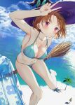  1girl :&lt; beach bikini blue_bikini blue_innertube breasts broom broom_riding brown_hair collarbone commentary_request floating_hair hand_up hat kamizaki_hibana large_breasts looking_at_viewer navel ocean original palm_tree purple_eyes purple_headwear short_hair sidesaddle solo string_bikini swimsuit tree v witch_hat 