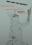  anthro canid canine english_text female fox hadfields hi_res looking_at_viewer looking_back mammal monochrome nude simple_background smashmeat solo text 