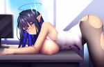 1girl black_hair black_pantyhose blue_archive blue_eyes colored_inner_hair eyeliner fi-san from_side glasses halo looking_at_viewer makeup monitor multicolored_hair nipples pantyhose pointy_ears rin_(blue_archive) smile sweat torn_clothes torn_pantyhose 