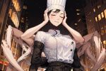  1girl ai-generated apron arms_behind_back arthropod_limbs black_apron black_gloves black_hair blood blood_from_eyes blood_on_face blush chainsaw_man chef chef_hat city city_lights closed_eyes disembodied_head elbow_gloves falling_devil_(chainsaw_man) flat_top_chef_hat gamebidulgi gloves hat holding holding_head severed_head smile solo waist_apron 