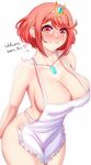  1girl anisdrawn apron blush breasts chest_jewel cleavage closed_mouth collarbone english_text gradient_eyes heart highres large_breasts multicolored_eyes naked_apron pyra_(xenoblade) red_hair short_hair simple_background smile solo strap_gap tiara white_background xenoblade_chronicles_(series) xenoblade_chronicles_2 yellow_eyes 