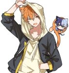  2boys absurdres animal_ears aoyagi_touya black_jacket blue_hair cat_ears cat_tail drawstring fangs green_eyes hand_in_pocket highres hood hood_up hoodie hoshi-toge jacket kemonomimi_mode long_sleeves male_focus mini_person miniboy multicolored_hair multiple_boys open_mouth project_sekai shinonome_akito split-color_hair streaked_hair tail upper_body yellow_hoodie 